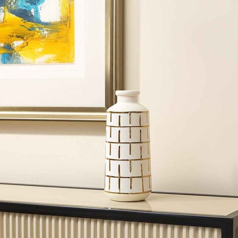 Vase de table cylindrique en céramique 12 "ivoire et doré