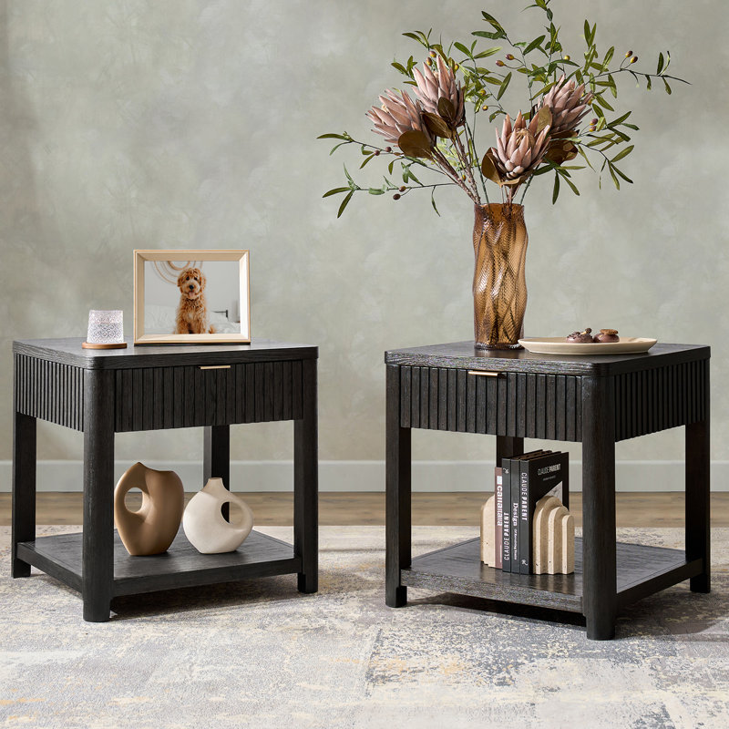 Fogarty Modern 23.75"W Solid Wood Veneer Fluted Storage End Table, Black