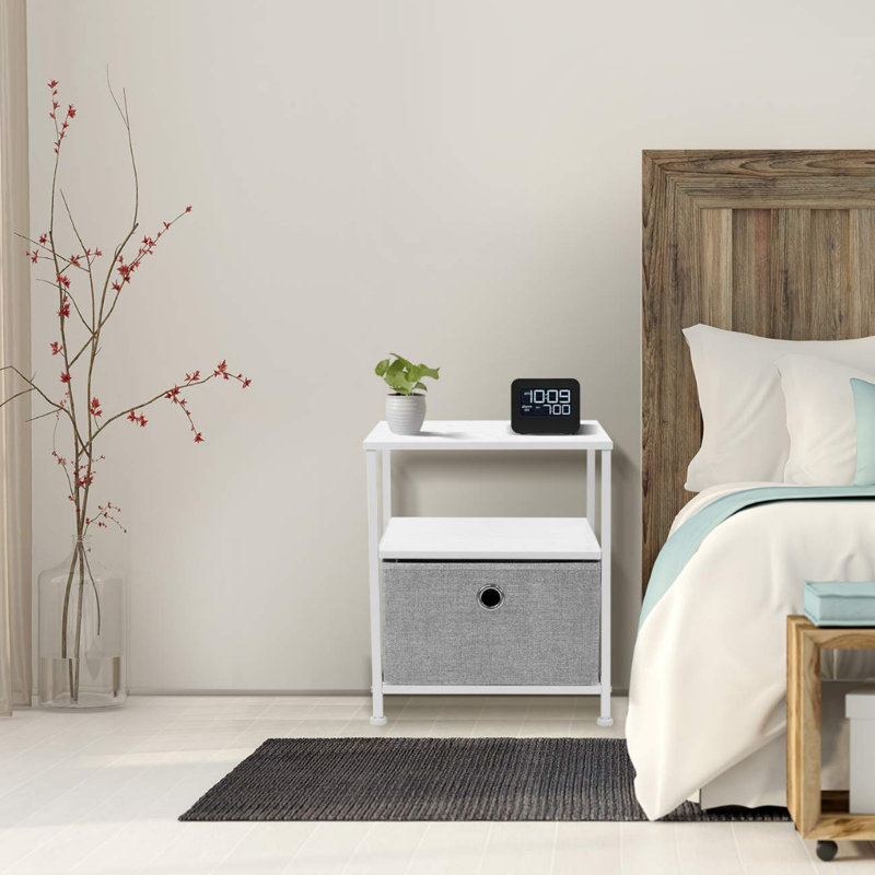 White Metal and Fabric 1-Drawer End Table with Shelves