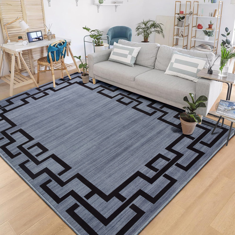 Nico Geometric Pattern Printed Area Rug - Cool Greyish Blue with Bold Black Frame, Rectangle 120 x 170 cm