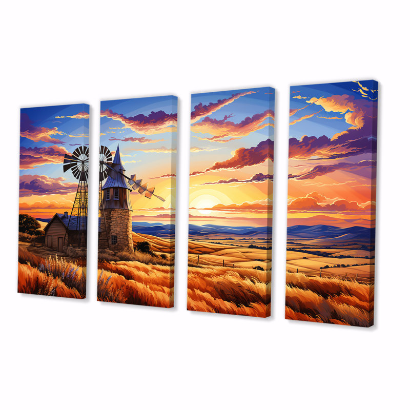 Windmill Evening Glow Meadows - Wind Turbines, art mural sur toile 4 pièces, H 28 po x l 48 po