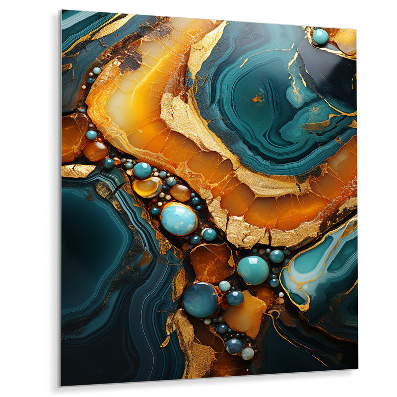 Or et vert topaze agate granit I - impression abstraite d'art mural en métal, H 32 po x l 16 po x P 1 po
