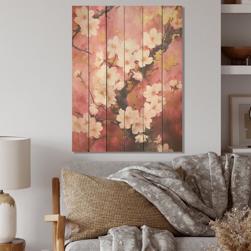 Fleurs de cerisier rose foncé, collage I - art mural en bois de cerisier sur bois de pin naturel, H 20 po x l 10 po