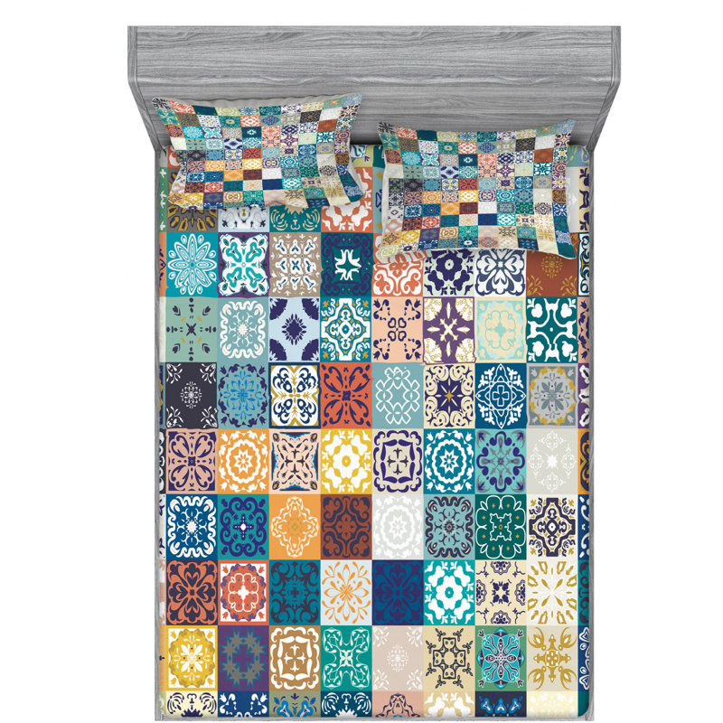 Microfiber Patchwork Sheet Set, Full Sheet Set + Fitted Sheet + 2 Pillowcases, Blue Patchwork