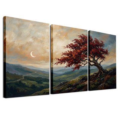 «Red Leaf Tree on Rolling Hills with Crescent Moon», ensemble de 3 toiles