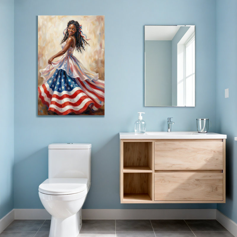 Portrait de femme à la mode avec drapeau américain, H 16 po x l 24 po