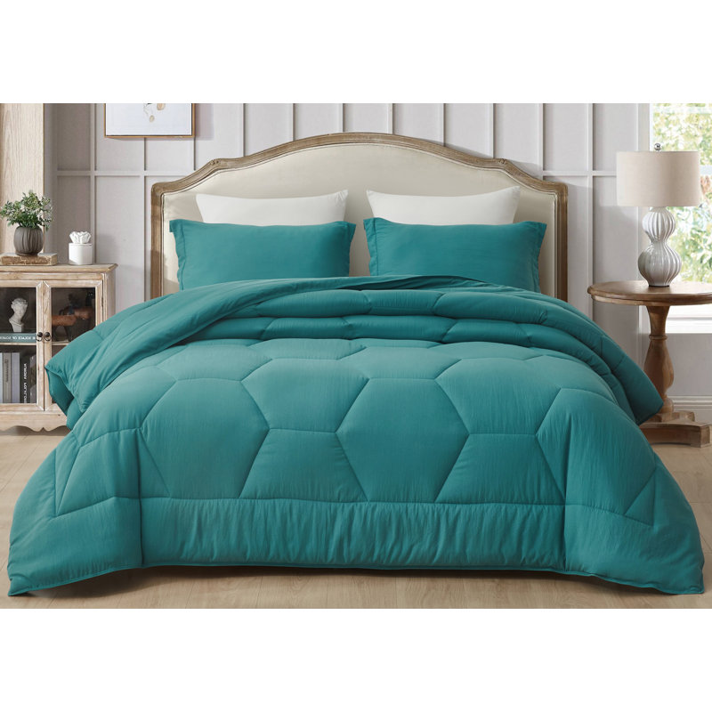 Washed Microfiber Bedding Honeycomb Comforter Set, Teal, Oversized Queen Comforter + 2 Standard Shams