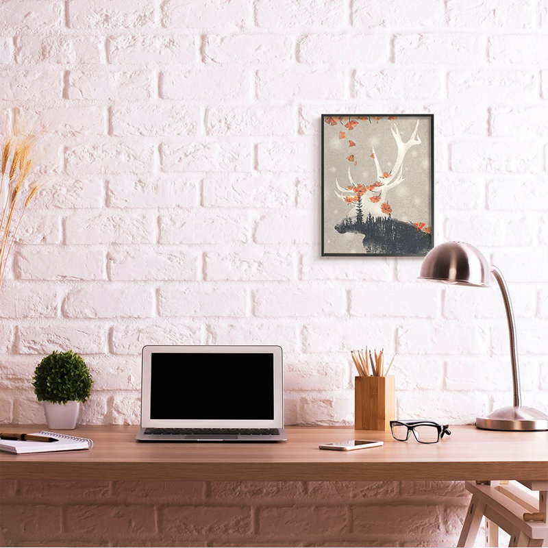 «Tree Forest Elk Silhouette Orange Florals» par Ziwei Li - impression d'art graphique, Giclée encadrée noir minuit