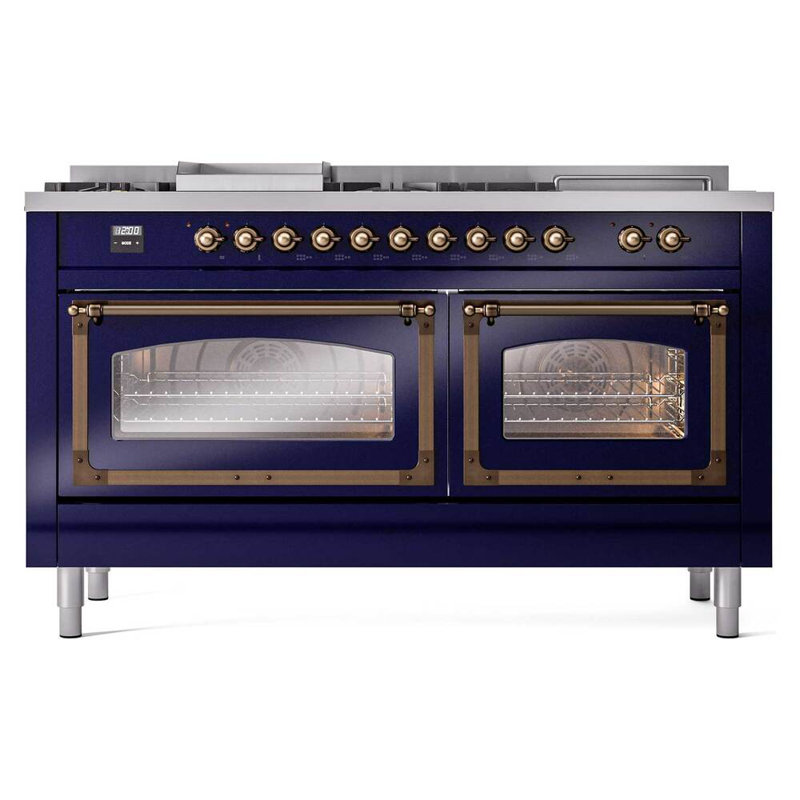 ILVE Nostalgie II Noblesse 60 in Dual Fuel Range 7 Burner, Griddle, Frenchtop, Antique White/Burnished, Natural Gas