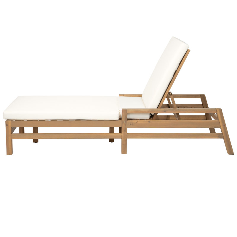 Chaise longue de patio réglable à 5 positions en bois massif et coussins épais, Teck clair, 2