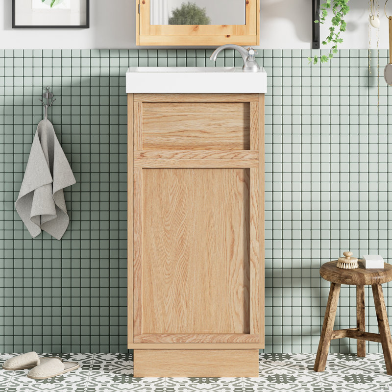 15.75" Bathroom Vanity With Reversible Resin Sink, MDF Cabinet With Adjustable Shelf And Push-To-Open Door, Wood Grain Melamine Finish, Reversible Door, Rustic Style For Small Spaces