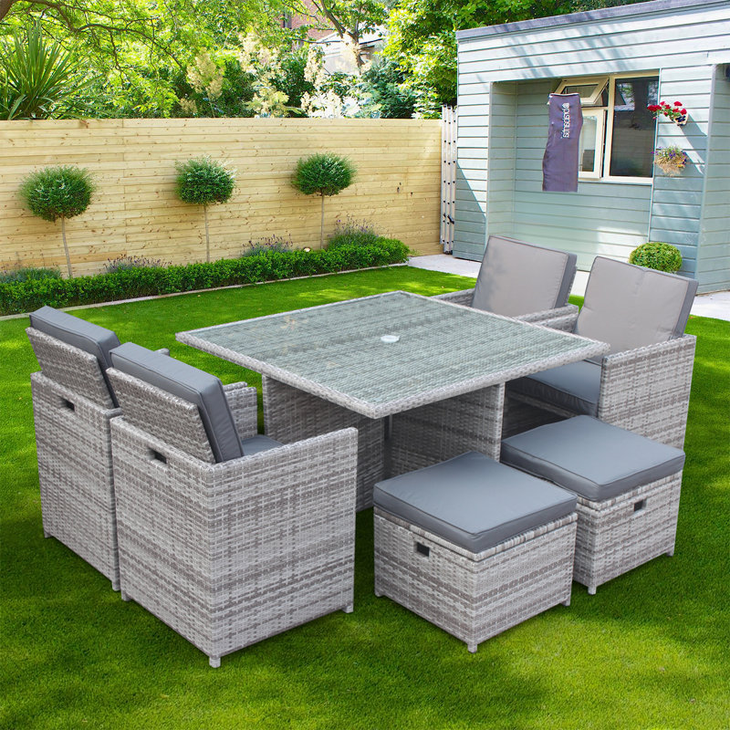 Alfonce 8 - Person Premium All-Weather Wicker Patio Dining Set with Square Table , Cushions Included