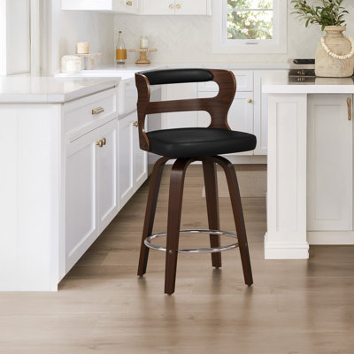 Swivel Upholstered Barstool With Wood Frame, Unfolding, Rubber Wood Legs by George Oliver