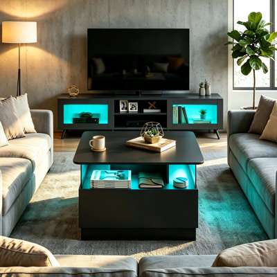 Modern Living Room Set, LED TV Stand & Square Coffee Table Combo
