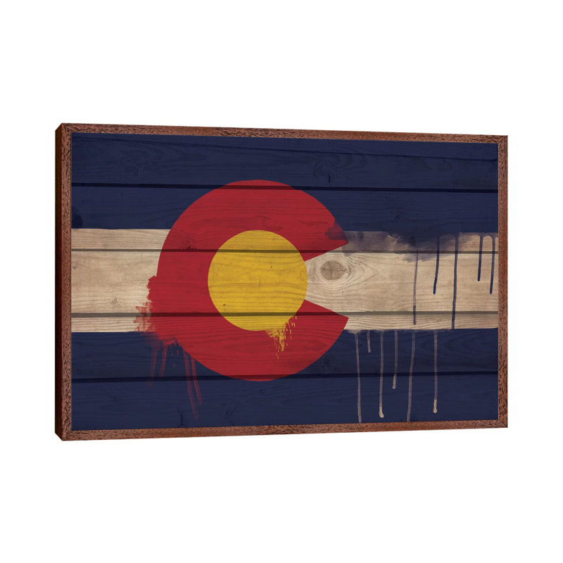 Colorado Paint Drip State Flag on Wood Planks 1 Piece Wall Art on Canvas, 101.6 cm H x 66.04 cm W, Brown Picture Framed