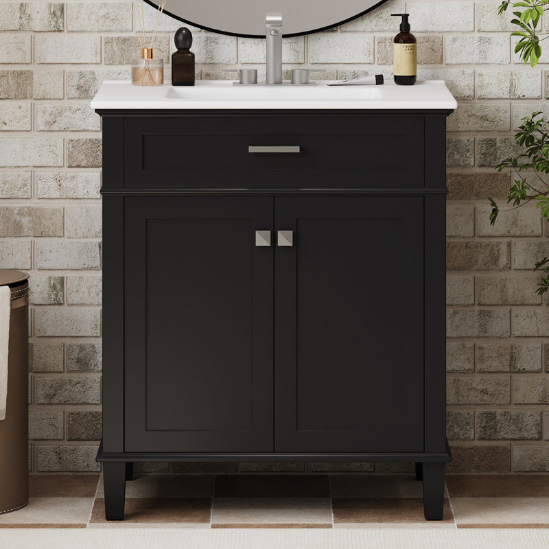 Meuble-lavabo autoportant de 30 po avec lavabo en céramique, Noir, noir, noir, noir