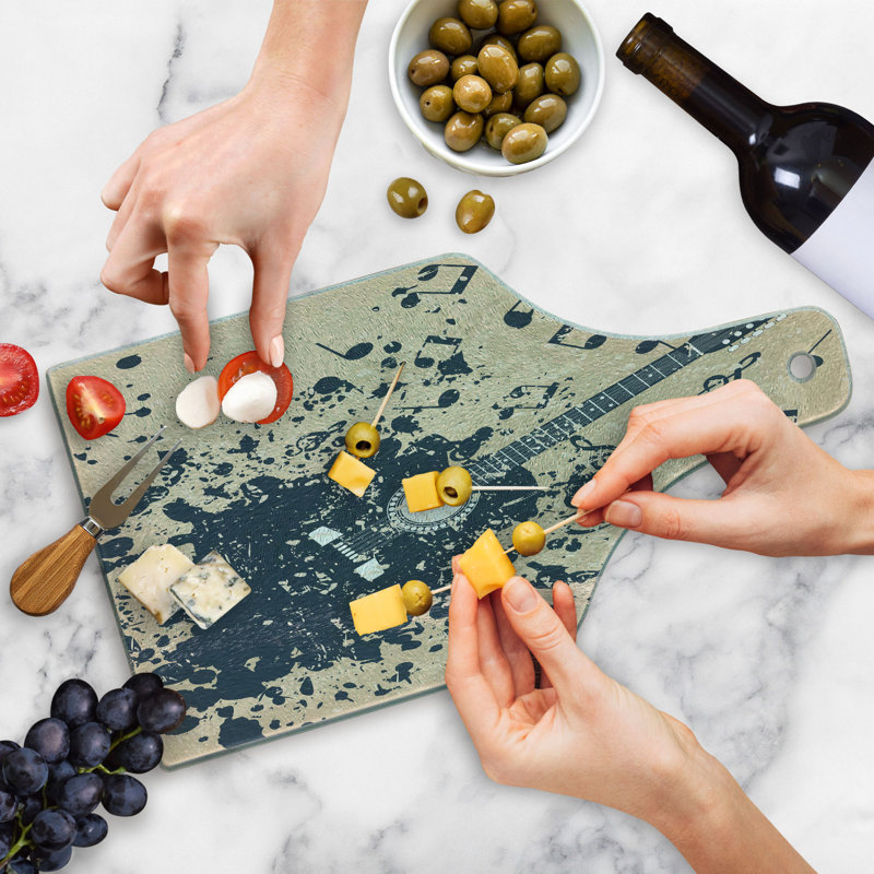 Beige and Dark Blue Guitar Print Glass Cutting Board