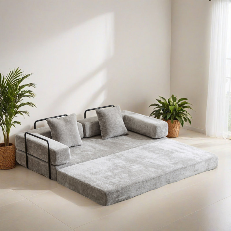 76.78" Convertible Floor Compression Sleeper Sofa Bed with Pillow Back Support Armrest for Living Room Bedroom, Light Grey