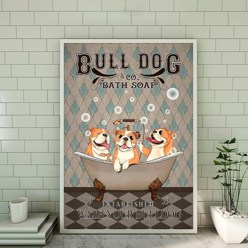 Savon de bain - Toile tendue avec toile «Wash your bull dog» - Illustration animalière, décoration intérieure bleue et orange