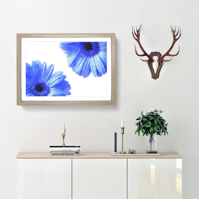 Two Blue Flowers - Picture Frame Painting Print, 33cm H x 45cm W x 2cm D, Oak Framed