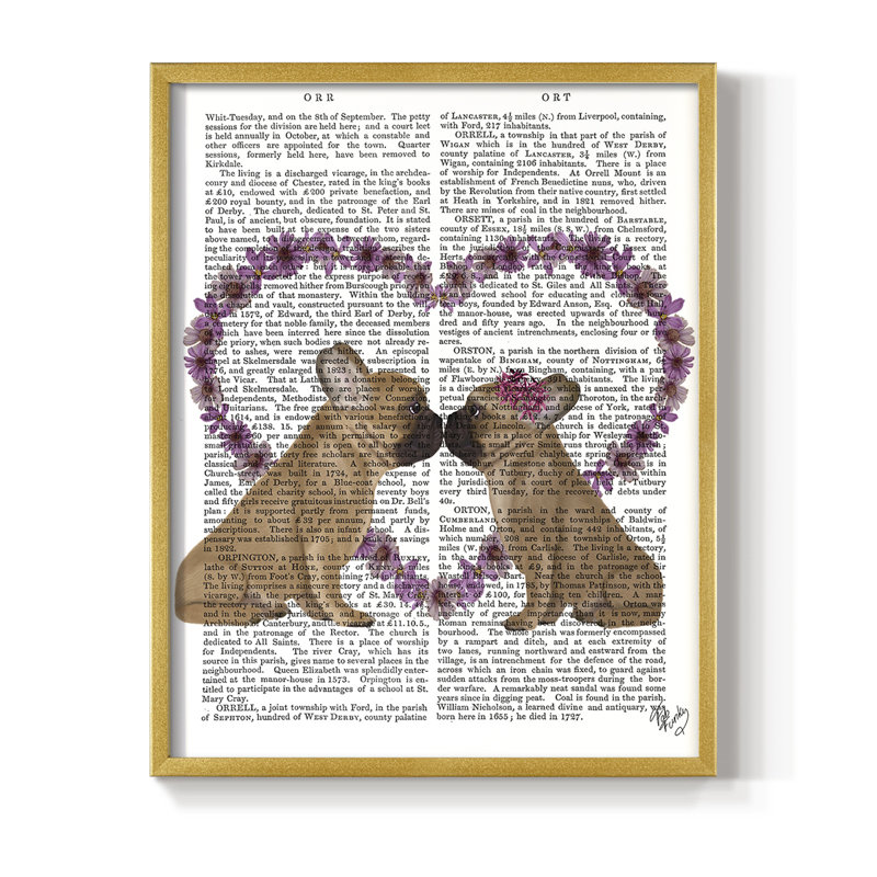 «French Kiss and Flower Heart», reproduction encadrée - bois massif, Or, H 10 po x l 8 po