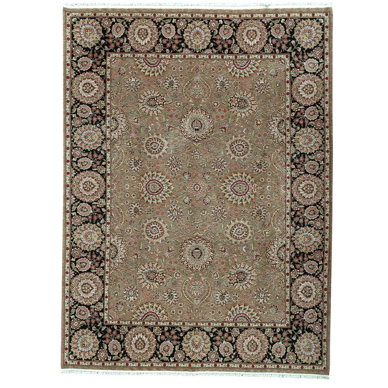 Tapis floral noir / ivoire / brun / rouge en laine noué à la main 8 pi 9 po x 11 pi 9 po Floral