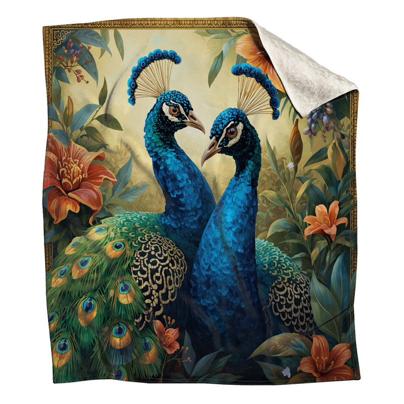 Paons bleus avec couvertures de fleurs, L 60 po x H 80 po