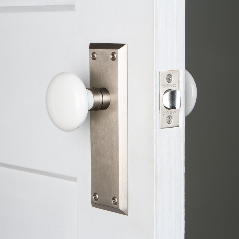 New York Plate with White Porcelain Door Knob, Satin Nickel, 2-3/8”