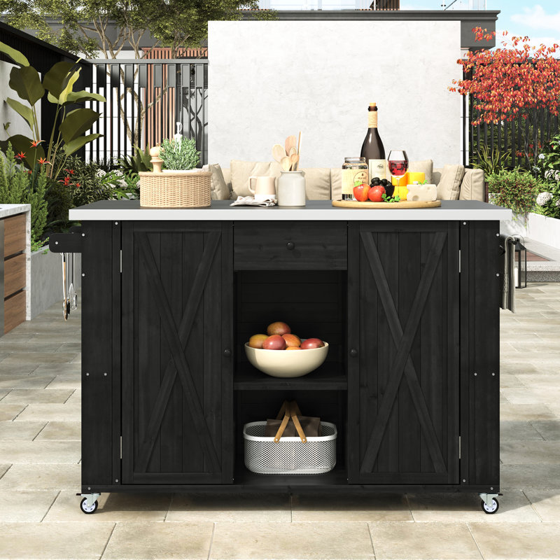 Îlot de cuisine extérieur en noir - Bois de sapin et grand espace de rangement en acier inoxydable, porte-serviettes, ouvre-bouteille à épices, roues verrouillables pour la mobilité en bois massif, mouvement spacieux en douceur et sans effort