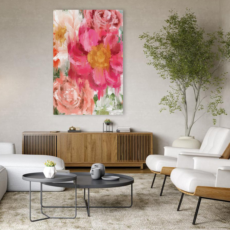 Abstrait pivoine - peinture florale abstraite contemporaine, fleurs roses, coups de pinceau expressifs, H 48 po x l 32 po