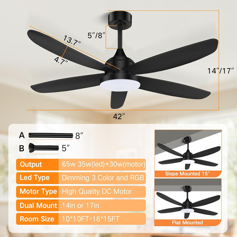 Ceiling Fan With Light, 42"RGB Ceiling Fans With 6 Reversible Speeds, 3000-6500K Stepless Dimming, Modern Small Low Profile Ceiling Fan For Bedroom/Indoor/Outdoor