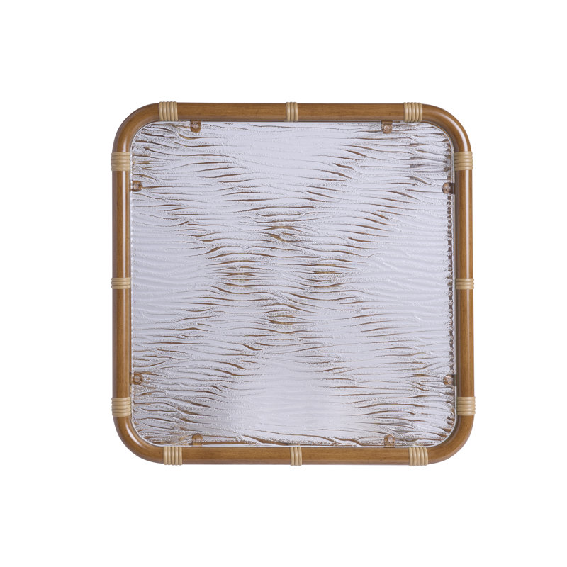 Brown Bamboo Coastal Square End Table with Glass Top