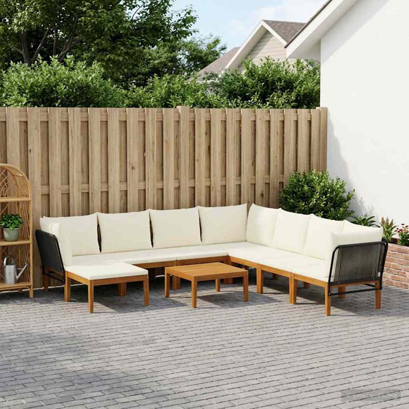  Garden Lounge Set Solid Acacia Wood & Rope Sofa Outdoor Furniture Patio, Cream White, Natural/Black