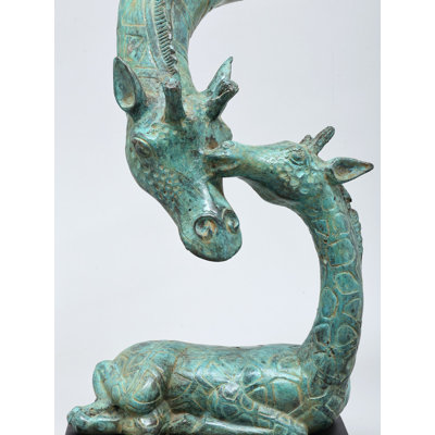  Sculpture laiton et mère girafe avec base en bois - Décoration intérieure