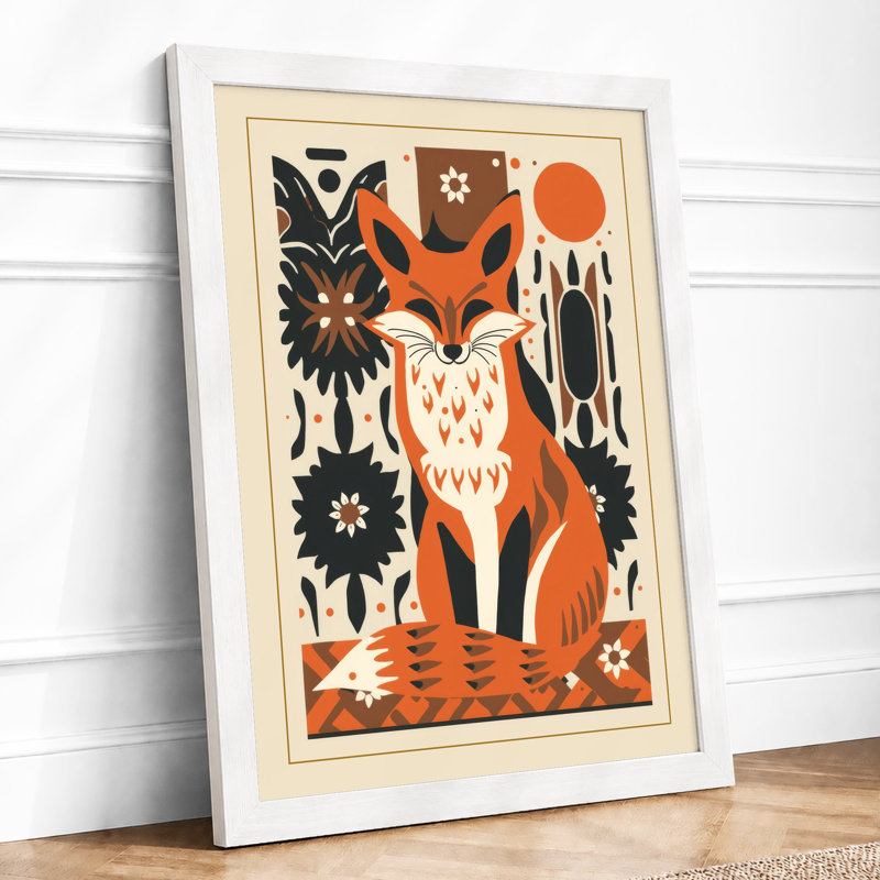 Folk Art Fox Scandinavian - Framed Print, A3 - 42.0 x 29.7 cm, White