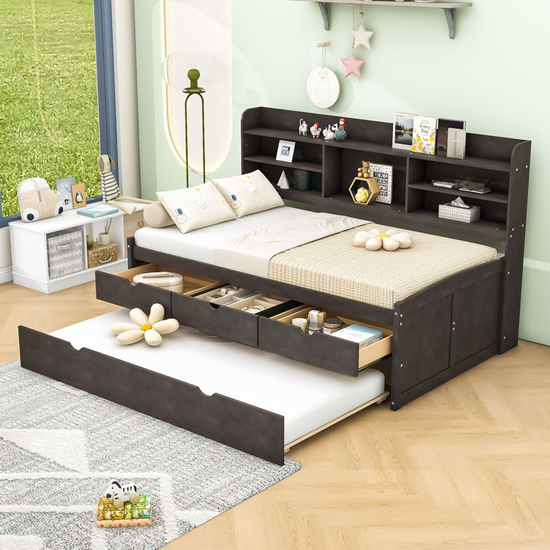 Lit de jour simple en bois Shavada avec tablettes intégrées, tiroirs de rangement et lit gigogne simple, Brun antique