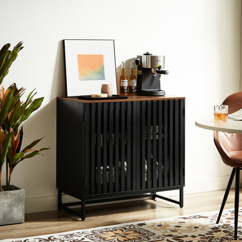Armoire de rangement noire avec porte grillagée rayée et pieds en métal, style moderne pour la maison, structure d'espace, rangement de conception, spacieux