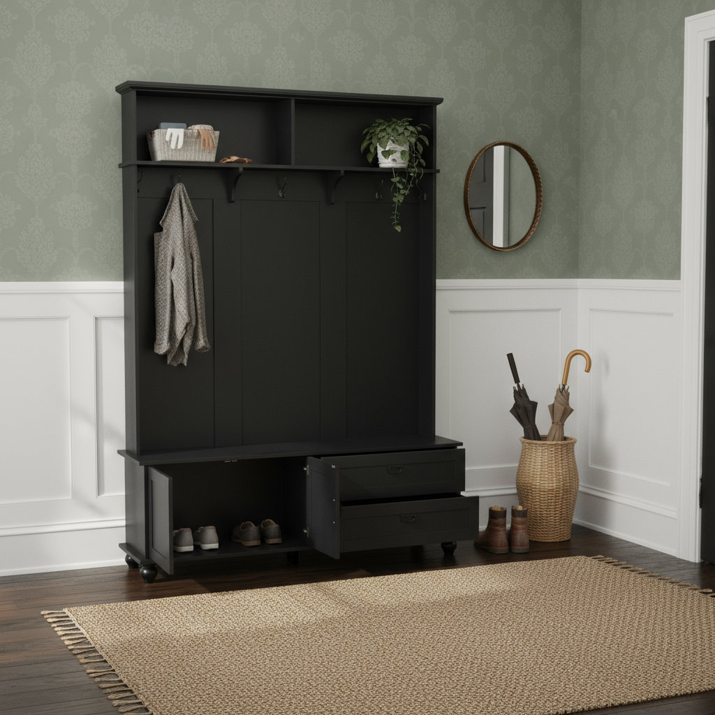 Alcott Hill® Modern Coat Rack With Two Large Drawers, Widened Cloakroom ...