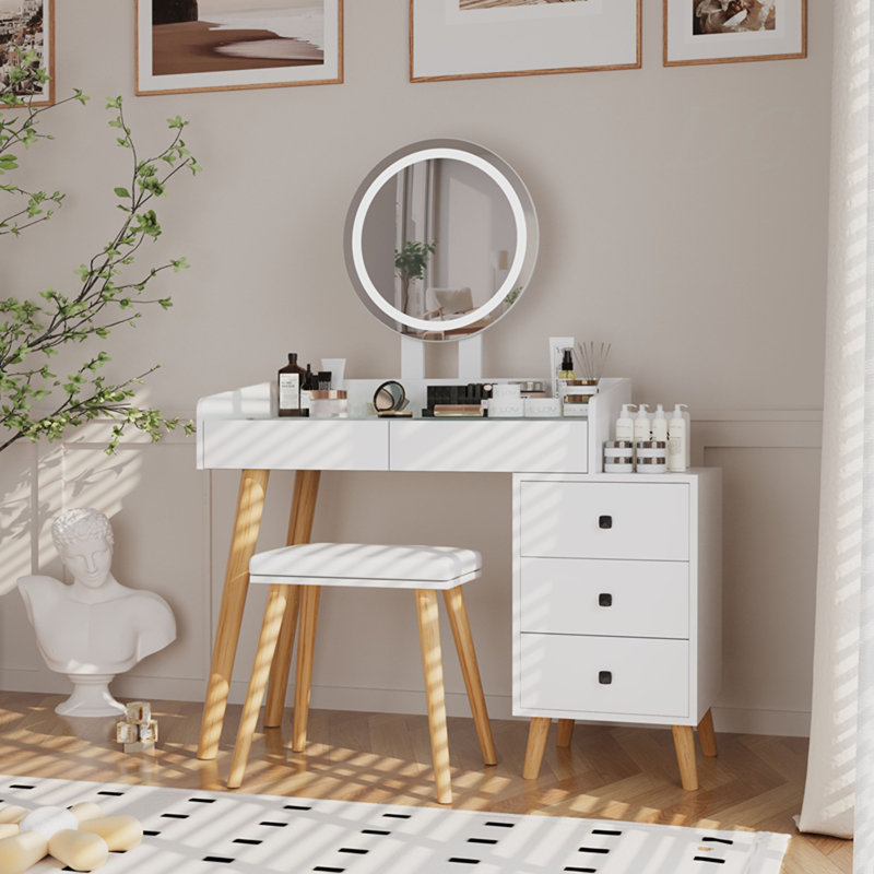 Coiffeuse avec lumières DEL et coiffeuse avec table d'appoint extensible à 5 tiroirs avec miroir et tabouret pour chambre à coucher