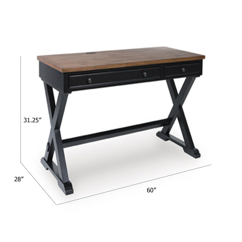 Bureau Fleur, plateau brun 60 po, 2 tiroirs, base en métal noir X