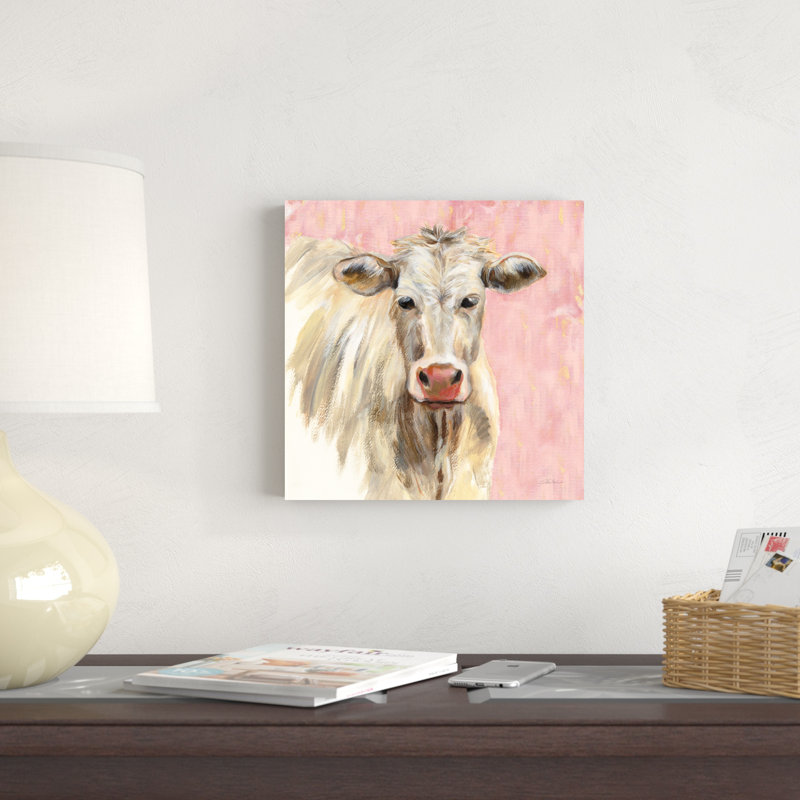 Vache blanche sur fond rose, H 12 po x l 12 po x P 1,25 po