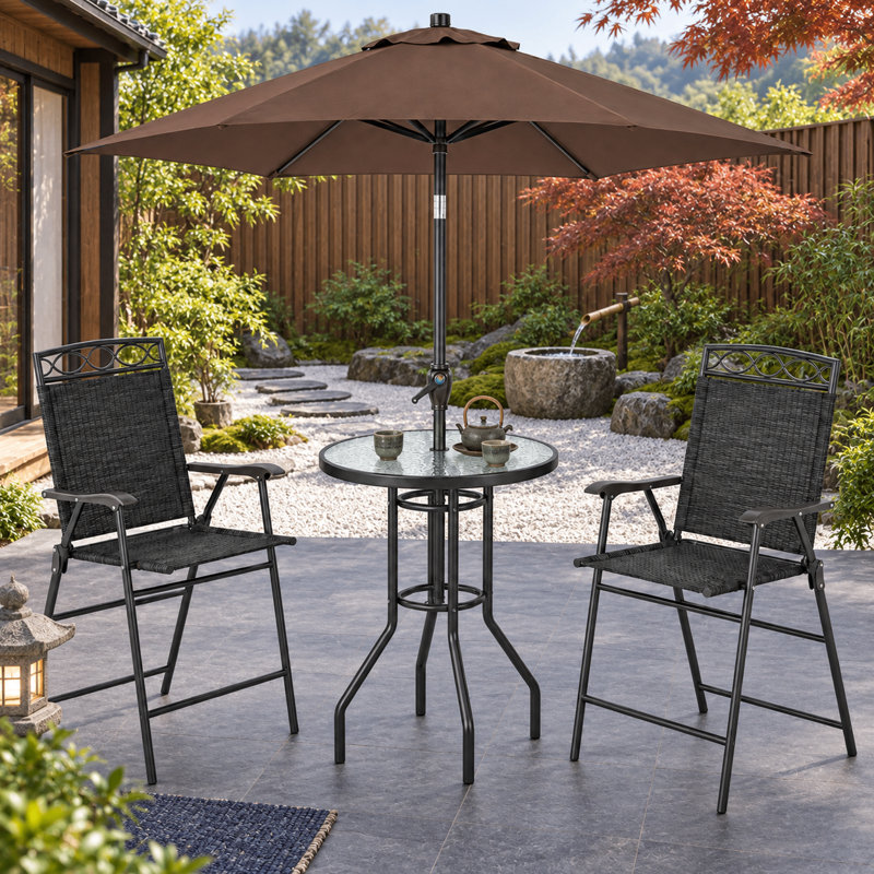 Ensemble de salle à manger d'extérieur 4 pièces avec structure en acier contemporaine, assises en toile et parasol inclinable, pour patios et terrasses.