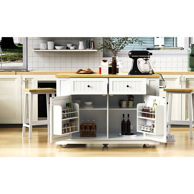 48-inch Kitchen Island Set with 2 Bar Stools, Drop Leaf & Power Outlet (Three Packages)