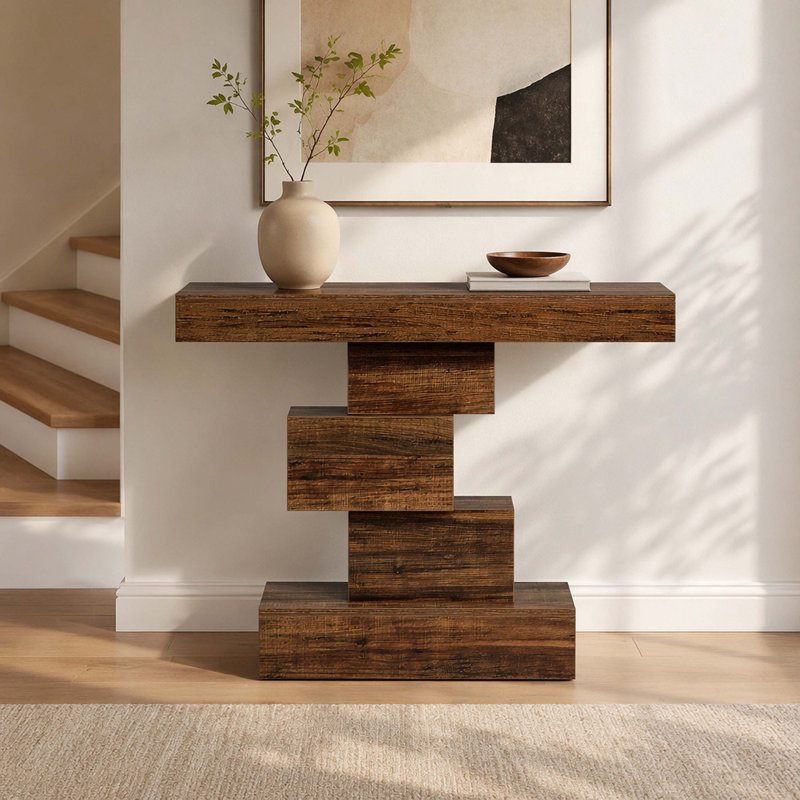 Console asymétrique en bois rustique à blocs empilés, canapé d'entrée de ferme à niveaux géométriques pour la décoration de hall et de salon