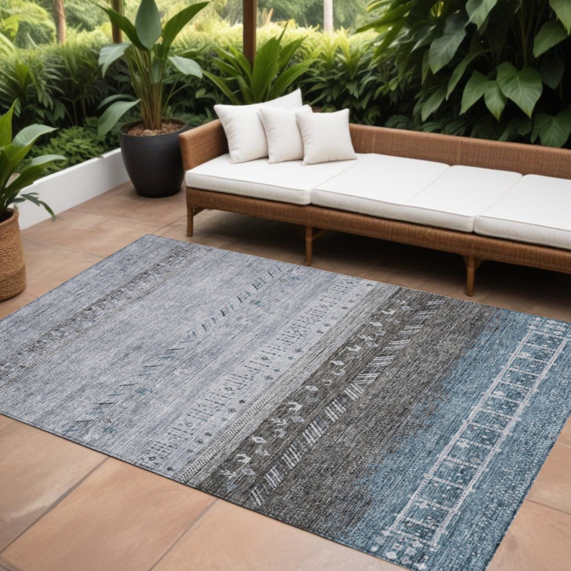 Tapis intérieur / extérieur lavable 9 pi x 12 pi bleu gris et gris anthracite Southwestern