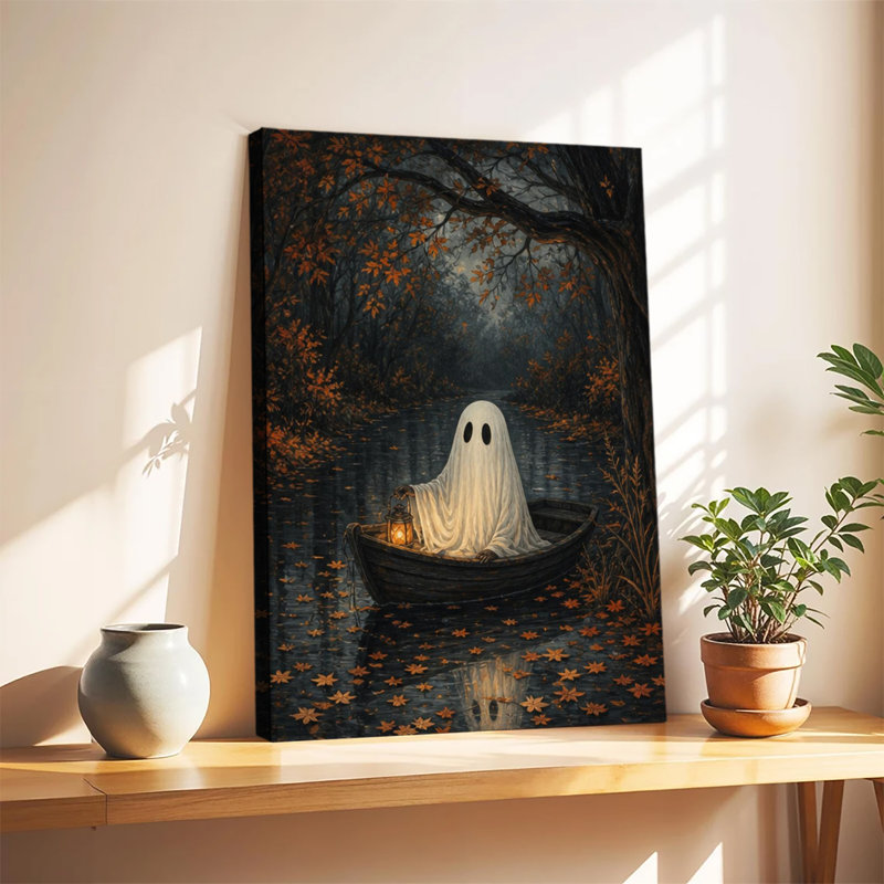 Grande reproduction d'art sur toile tendue, bateau à rames fantômes avec lanterne sur rivière d'automne, impression sur toile de feuilles d'automne effrayantes pour la décoration murale de salon et de chambre à coucher