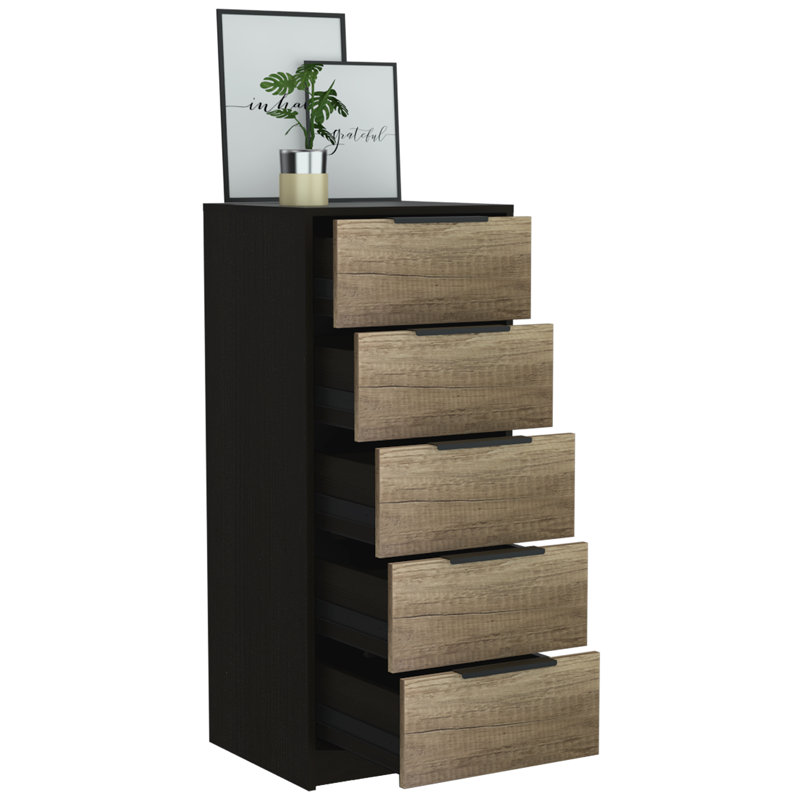 Kaia 5 Drawer Dresser, Vertical Dresser, Black Wenge/Light Oak
