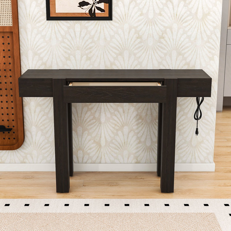 Console rustique en bois avec tiroir, prise de courant, Espresso
