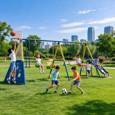 Fitness Reality Kids 8-Station Outdoor Jungle Gym Playset with Trampoline, Slide, Swing & Sports Equipment for Active Backyard Fun Ages 3-12.