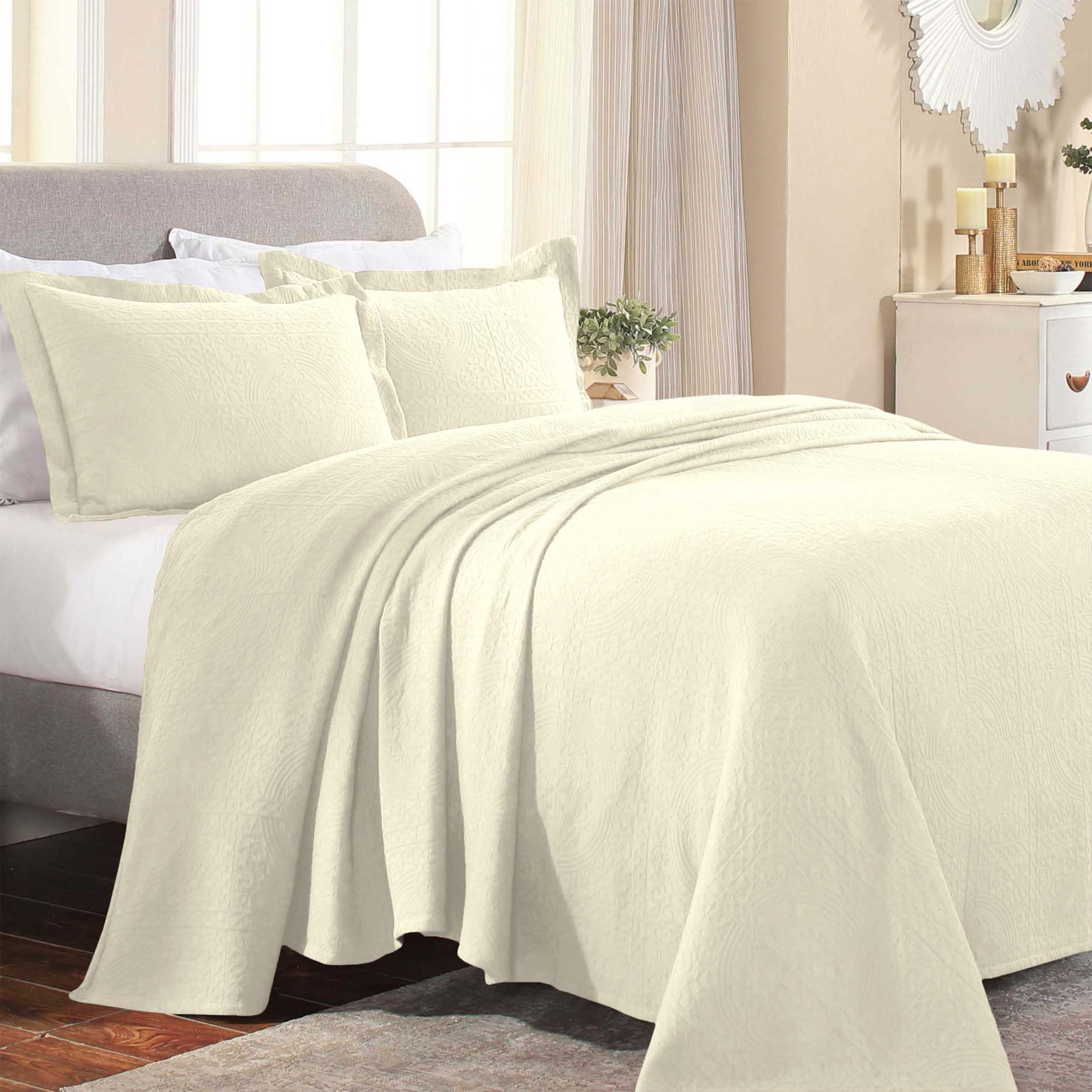 Swanton Cotton Coverlet Set, Ivory, King Coverlet + 2 Shams